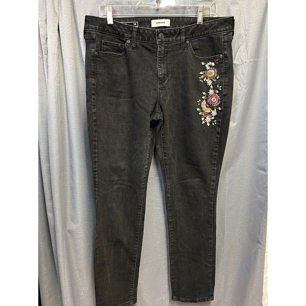 Sonoma Women’s Black Dark Wash Skinny Jeans Floral Embroidered Size 14